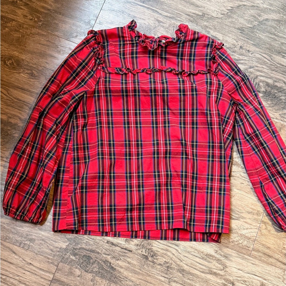 JCrew factory Red Plaid Ruffle-Yoke Long Sleeve Top